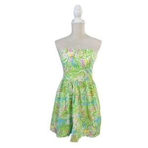 Lilly Pulitzer Richelle Strapless Tie Back Dress Elephant Ear Green Pink Size‎ 2